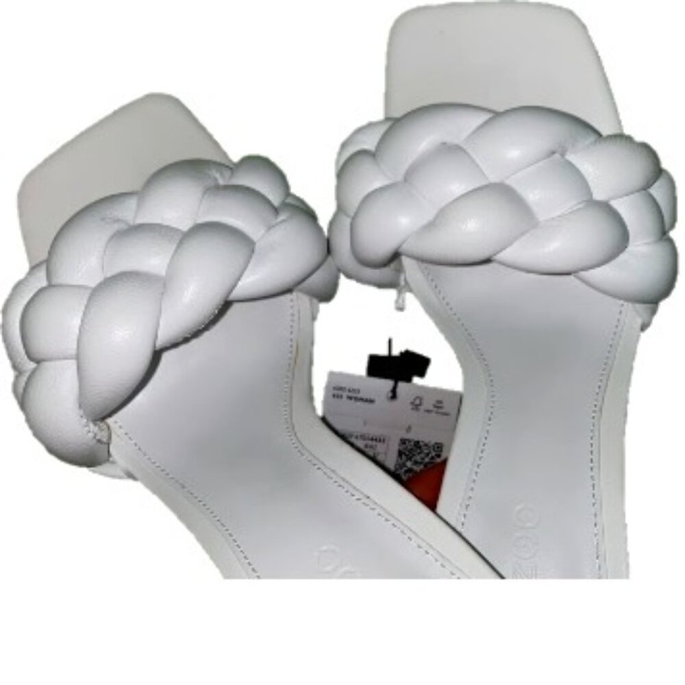 BNWT MANGO leather brilliant white puffy braided knotty heel mules (41--US 10)